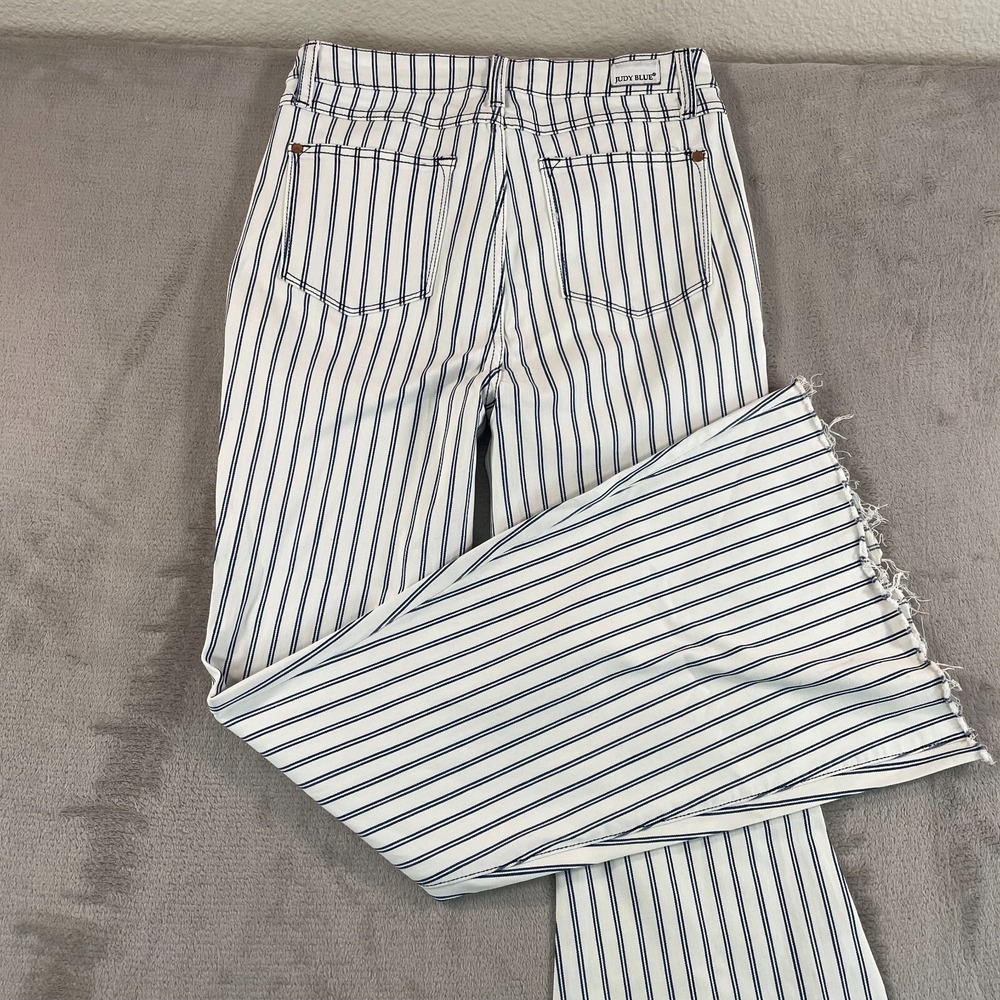 Judy Blue High Rise Super Flared Leg Jeans Women 9/29 White Blue Striped Raw Hem